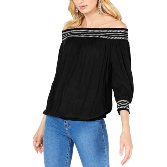 INC International Concept Crochet Trim Off The Shoulder Blouse Top Black Size XL - Picture 1 of 2